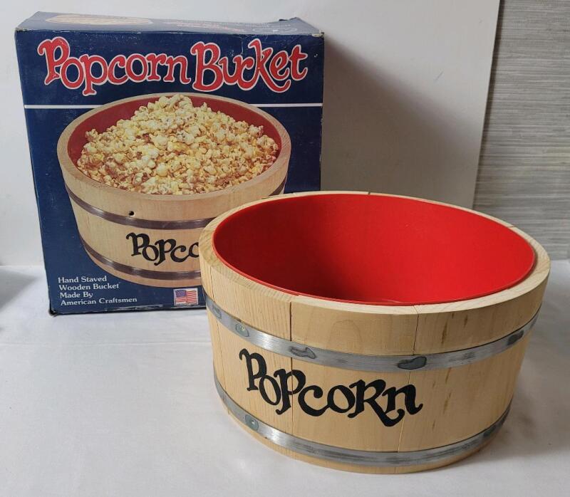 Hand Staved Wooden Popcorn Bucket w/Dishwasher Safe Plastic Liner . Measures 5.5" tall & 11 &frac34;" diameter