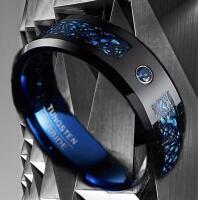 8MM Wide Blue Carbon Fiber Inlaid Black Dragon Pattern Tungsten Ring Size 9 Stamped TUNGSTEN CARBIDE inside Band