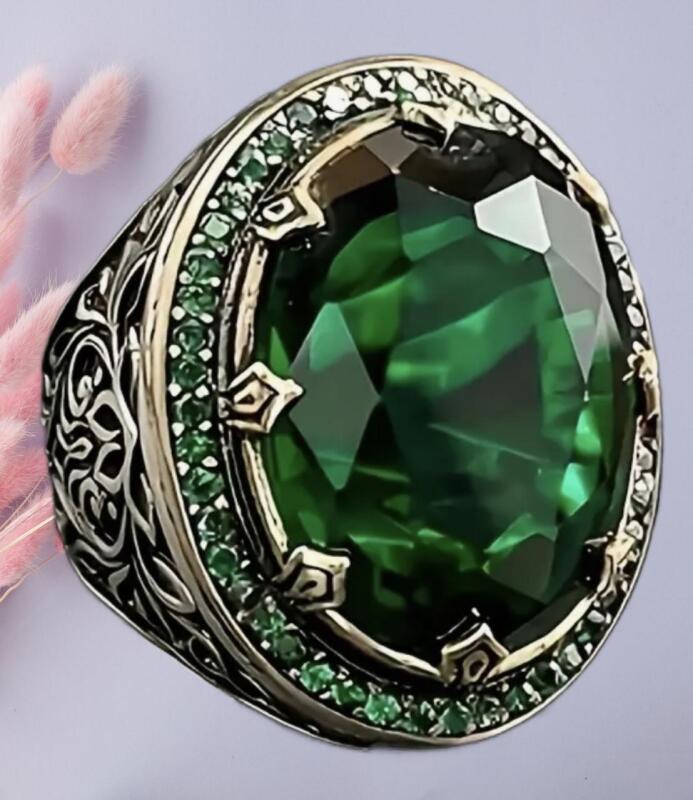 Oval-Shaped Green Cubic Zirconia Prong Set Cabochon with surrounding Emerald Green Rhinestones Ring Handcrafted Vintage Style Size 12