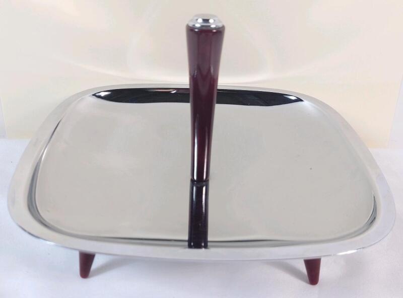 Vintage MCM Glo-Hill Chrome and Cherry Red Bakelite Footed Square Serving Tray . Measures 7 ⅛"&times;7 ⅛&times;4.5" .