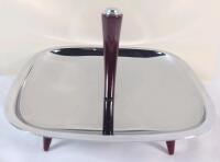 Vintage MCM Glo-Hill Chrome and Cherry Red Bakelite Footed Square Serving Tray . Measures 7 ⅛"&times;7 ⅛&times;4.5" .