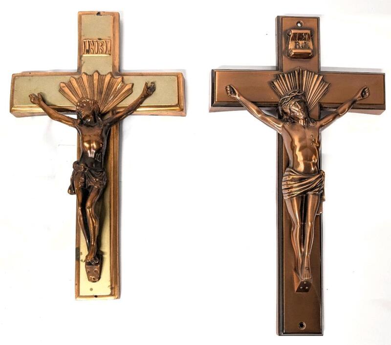 Pair of Large Vintage Crucifixes : Signed PARSONS #14 Copper 14" Long & Super Heavy Brass 12.75" Long (No Stamps Found)