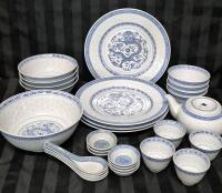 28 Pieces Vintage Asian Rice Grain Porcelain Dragon Blue Dining Dishes