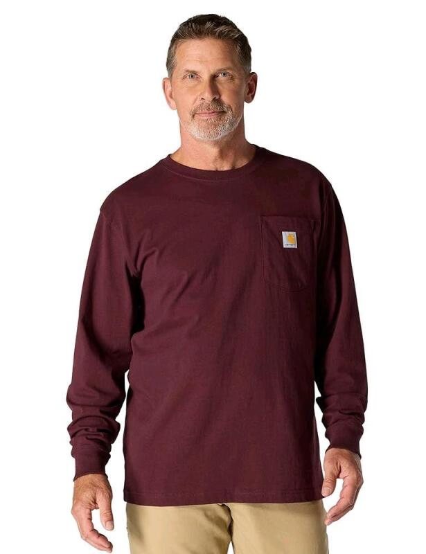 New Size SMALL Men's CARHARTT Loose Fit Heavyweight Long Sleeve Pocket T-Shirt, Port, TK0126-M