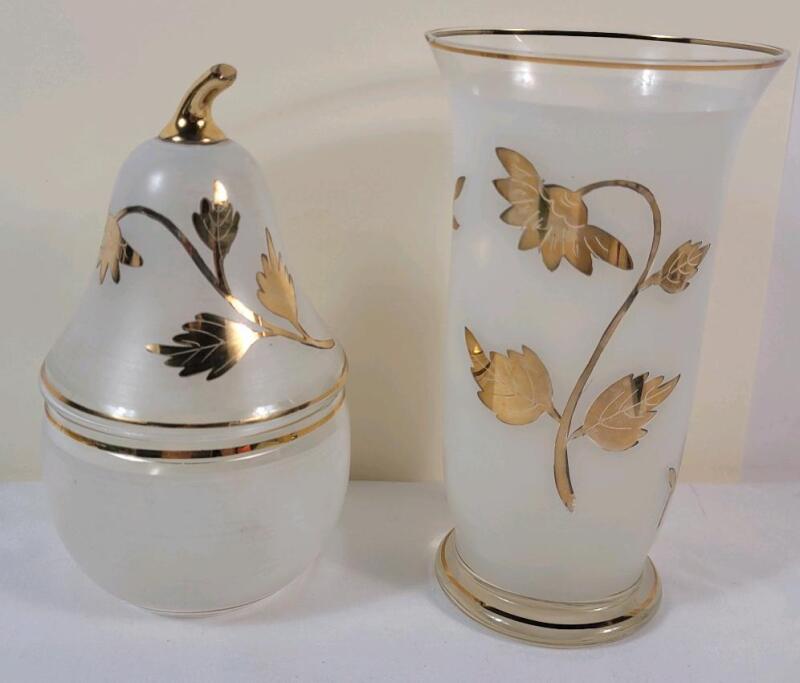 Vintage MCM Frosted Glass and Gold Foliage Lidded Pear Dish & Vase . See photos for size. No chips or cracks