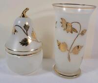 Vintage MCM Frosted Glass and Gold Foliage Lidded Pear Dish & Vase . See photos for size. No chips or cracks
