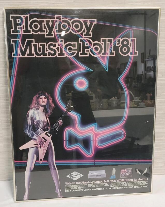 Vintage 1981 PLAYBOY Music Poll '81 Framed Poster . Measures 24"&times;32" . Glass has crack on side .
