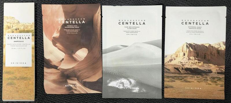 New Skin1004 Korea MADAGASCAR CENTELLA Ampoule (30ml) + 3 Face Masks : Tone Brightening, Probio-Cica Nourishing, Watergel Sheet (35ml ea) EXP 2027