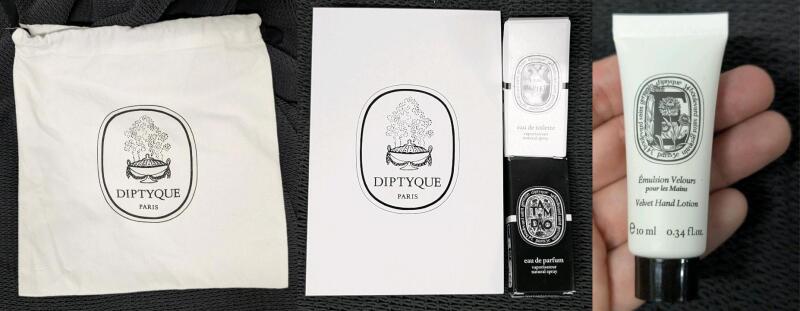 New DIPTYQUE Paris Spray Samples : TAM DAO Eau de Parfum, L'EAU PAPIER Eau de Toilette, Perfumed Lined Notebook 4" &times; 5.8", Drawstring Bag 10" &times; 10", Velvet Hand Lotion Sample 10ml