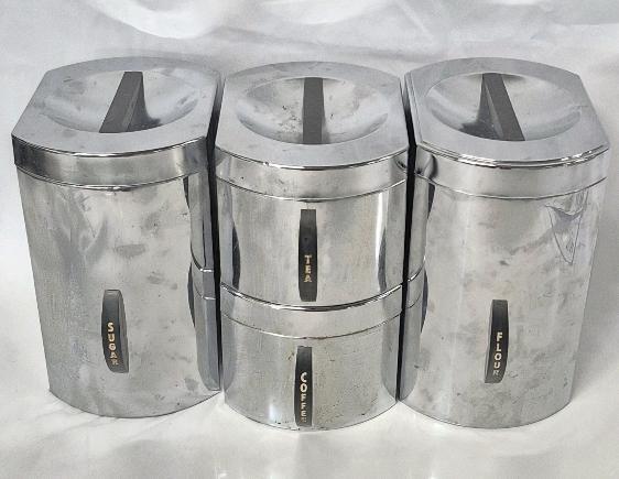4 MCM Kromex Chrome Metal Canisters - Sugar, Flour, Coffee & Tea