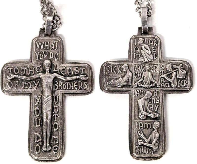 Large (2.25" Long) Signed Crucifix "What You Do To The Least Of My Brothers You Do To Me" Non-Magnetic Pendant Made in France on 39" Long Claspless Loop Chain (Magnetic)