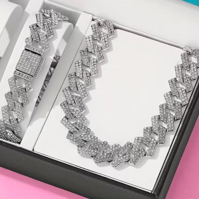 Rhinestone Cuban Wide Lonk Chain Bracelet and Necklace Set Each with Double Safety Bars Bracelet 8&rsquo;&rsquo; Necklace 19 Inch