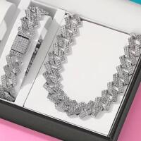 Rhinestone Cuban Wide Lonk Chain Bracelet and Necklace Set Each with Double Safety Bars Bracelet 8&rsquo;&rsquo; Necklace 19 Inch