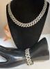 Rhinestone Cuban Wide Lonk Chain Bracelet and Necklace Set Each with Double Safety Bars Bracelet 8&rsquo;&rsquo; Necklace 19 Inch - 2