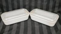 Pair Vintage Fire King White Milk Glass Refrigerator Dishes w/Lids . Both measure 4 ⅜&times;8 &frac14;"&times;2 ⅞" . No chips or cracks