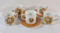 Vintage 1980s Johnson Brothers Feista Floral Tea Cups & Saucers . 5 Tea Cups & 3 Saucers . Would benefit from cleaning before use