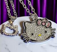 Two Hello Kitty Rhinestone Necklaces Chain 20 / 22 inch Lobster Clasp Dime placed for Pendant Size Pretty Pink Bow on One Open Clear Stones on other Great for Stacking or Sharing