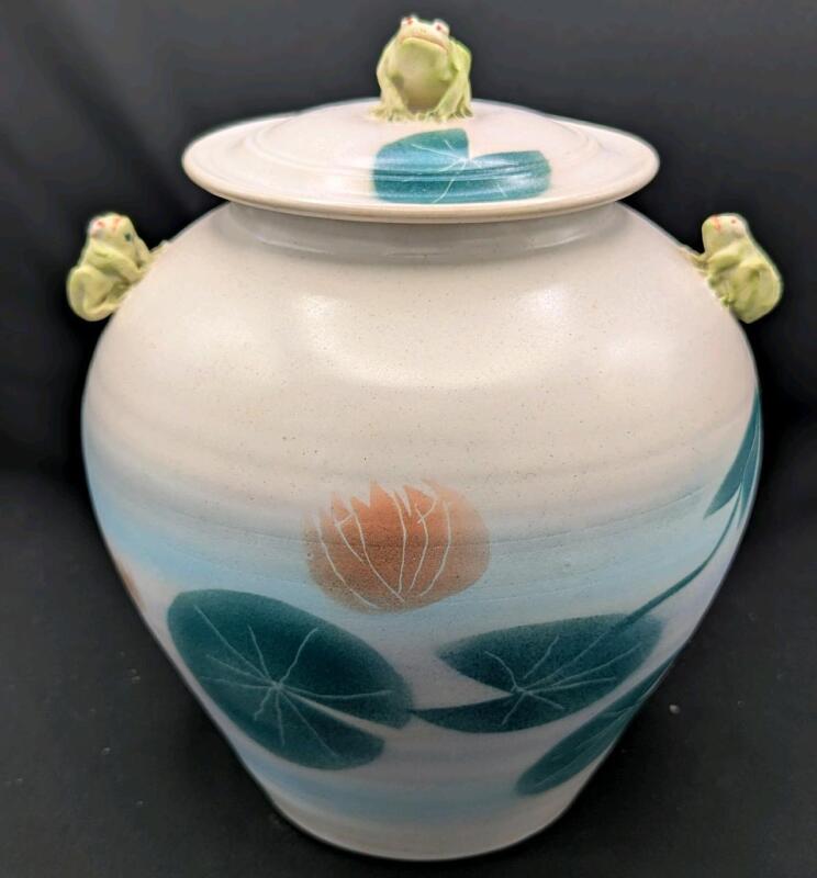 Absolutely Stellar Signed Large Pnd-Themed (Lily Pads, Water Lillies & Frog) Lidded Jar, 9.25" Tall, No Chips or Cracks