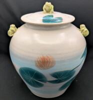 Absolutely Stellar Signed Large Pnd-Themed (Lily Pads, Water Lillies & Frog) Lidded Jar, 9.25" Tall, No Chips or Cracks