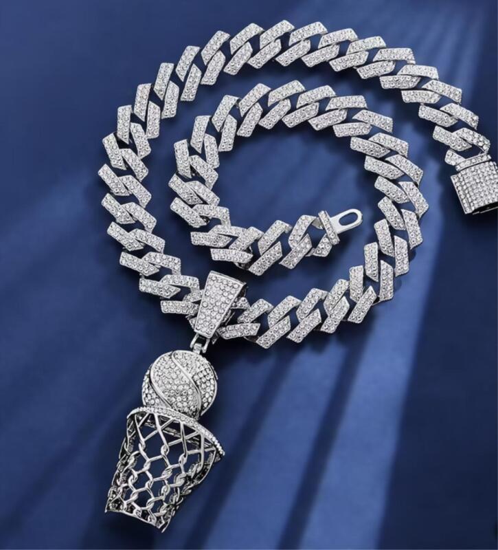 Basketball Hoop Pendant Necklace Iced Out Cuban Wide Link Pendant 3&rsquo;&rsquo; Chain 17.5&rsquo;&rsquo; approximate Field Goal Eye Catching Shot