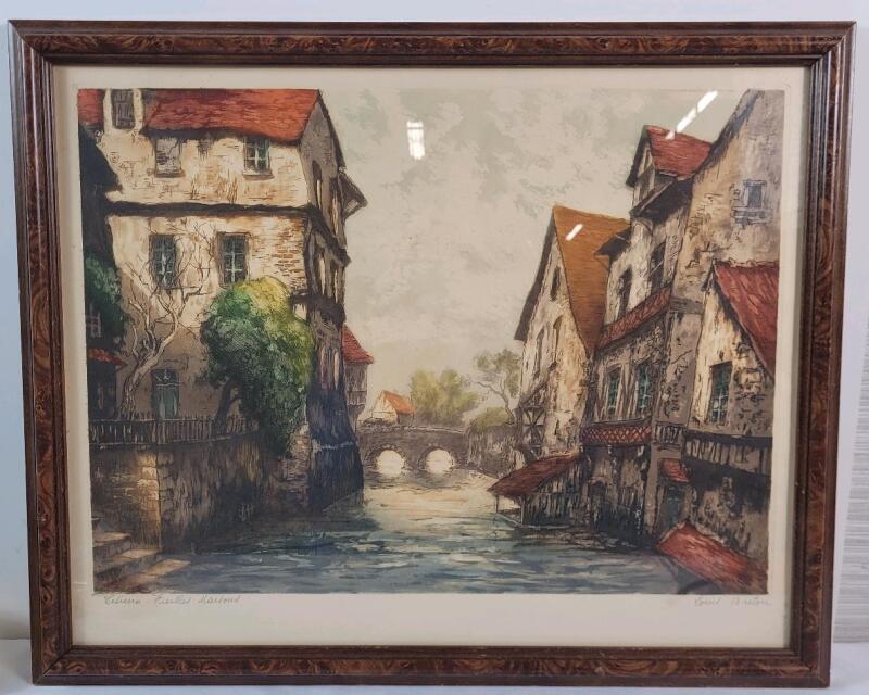 Vintage 1936 Louis Breton " Lisieux, Old Houses " Framed Etching Print . Measures 22"&times;17 &frac34;" .