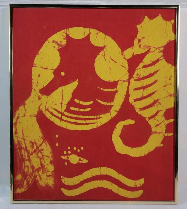 Vintage Muriel Chandler Zodiac " AQUARIUS " Handpainted / Hand-Dyed Framed Fabric Wall Art . Measures 17 &frac14;"&times;20 &frac14;"