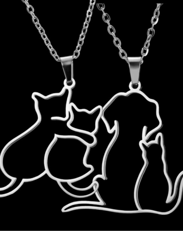 Stainless Steel Cat and Dog Embrace Pendant and Two Cat Embrace Necklace Pendant openwork 1.22&rsquo;&rsquo; Chains 17&rsquo;&rsquo; W/ 2.25&rsquo;&rsquo; Stamped SSteel