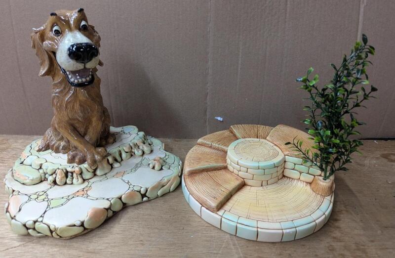 Ceramic Display Pieces. 2 Vintage Ceramic Pendlefin Figure Display Stands. And 1 personality Dog Figure.