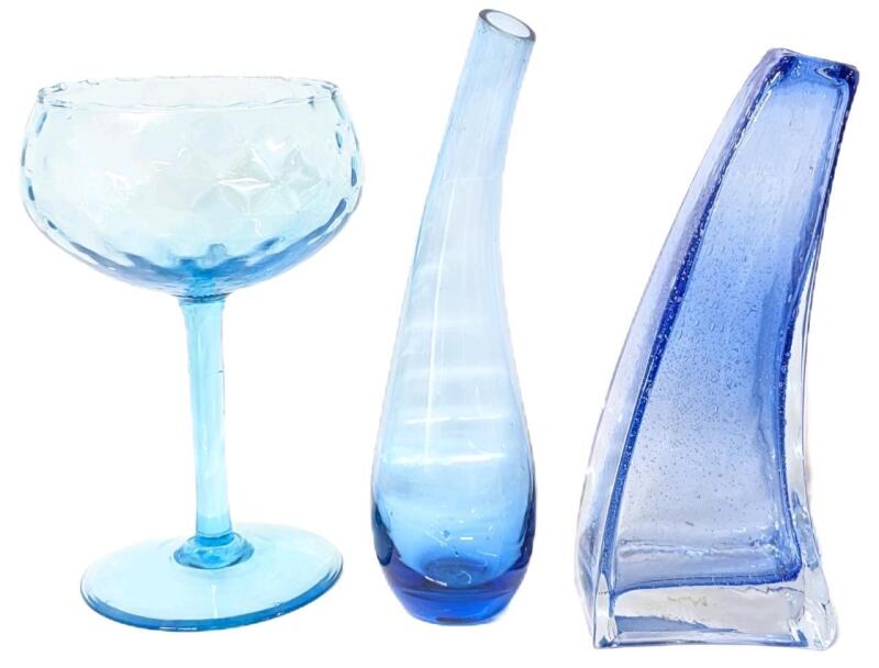 Light Blue Unsigned Empoli Optic Hand Blown Light Blue Stemmed Compote Glass 8.5", Teardrop Vase 9.5", Curved Bubble Inclusion Wave Vase 9", No Chips or Cracks