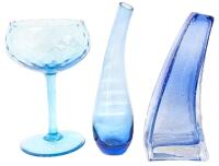 Light Blue Unsigned Empoli Optic Hand Blown Light Blue Stemmed Compote Glass 8.5", Teardrop Vase 9.5", Curved Bubble Inclusion Wave Vase 9", No Chips or Cracks