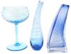 Light Blue Unsigned Empoli Optic Hand Blown Light Blue Stemmed Compote Glass 8.5", Teardrop Vase 9.5", Curved Bubble Inclusion Wave Vase 9", No Chips or Cracks