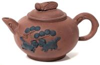 Vintage YiXing Terracotta Teapot with Foo Dog Relief on Side & Cicada on Lid, 3.5" Tall, No Chips or Cracks