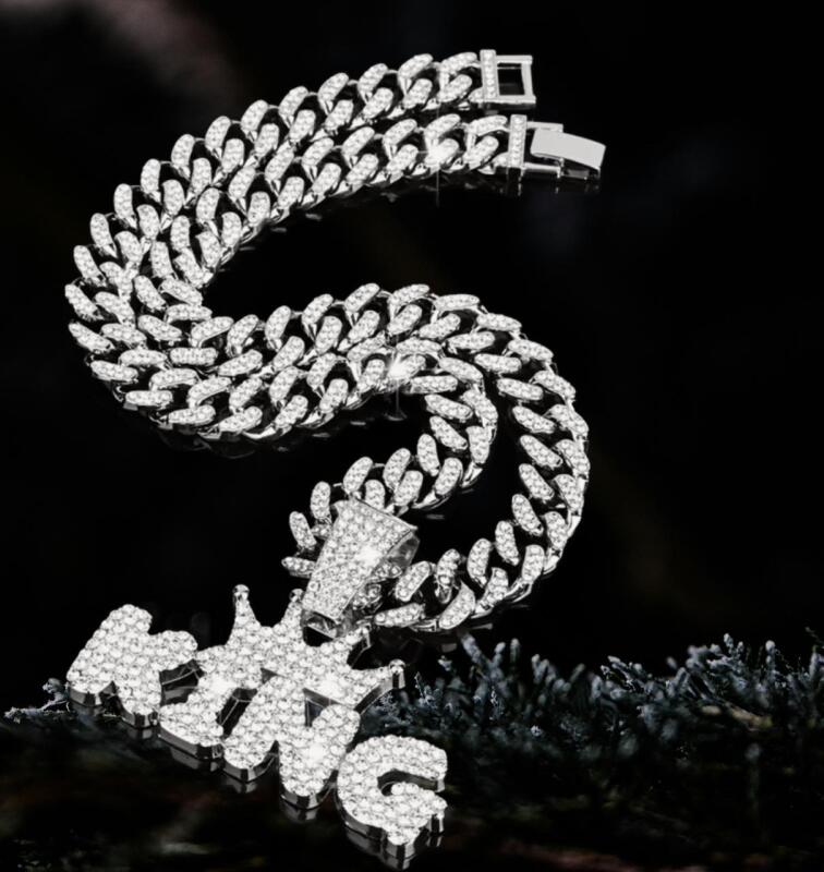 KING Pendant & Rhinestone Cuban Necklace Pendant 2 x2.5&rsquo;&rsquo; Chain 19&rsquo;&rsquo; Fold Over Clasp Music Lovers All Kings Sparkling Statement