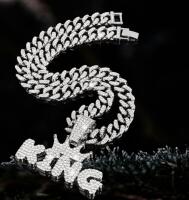 KING Pendant & Rhinestone Cuban Necklace Pendant 2 x2.5&rsquo;&rsquo; Chain 19&rsquo;&rsquo; Fold Over Clasp Music Lovers All Kings Sparkling Statement