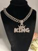 KING Pendant & Rhinestone Cuban Necklace Pendant 2 x2.5&rsquo;&rsquo; Chain 19&rsquo;&rsquo; Fold Over Clasp Music Lovers All Kings Sparkling Statement - 4