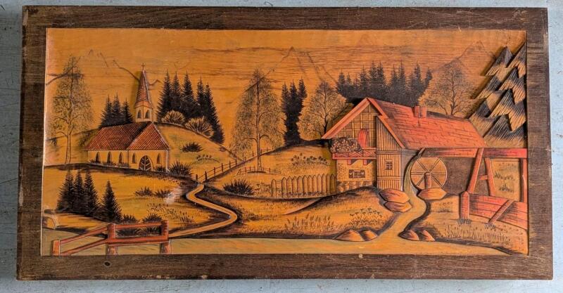 MCM Large Vintage German 3D Carved Wood Relief Pastoral Water Wheel & Church Scene, 33.5" &times; 17.5"