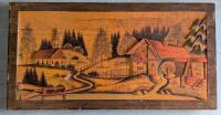 MCM Large Vintage German 3D Carved Wood Relief Pastoral Water Wheel & Church Scene, 33.5" &times; 17.5"