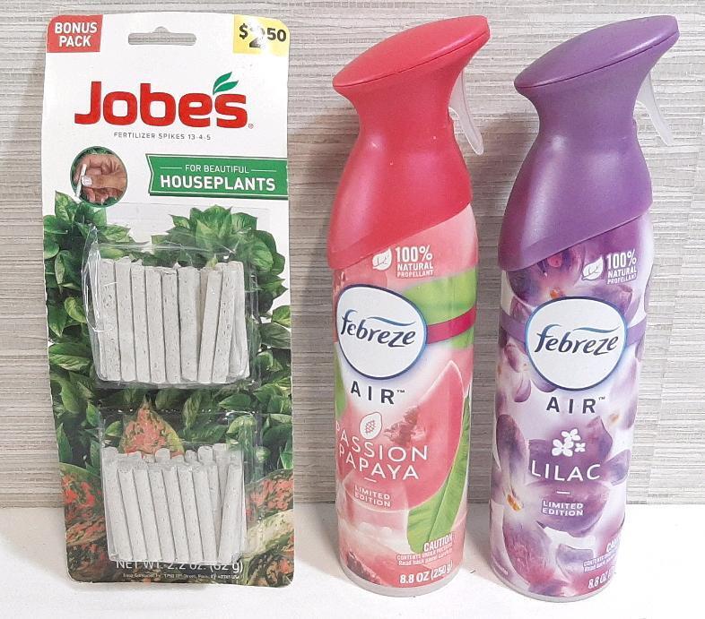 2 Bottles of Febreze Air Fresheners (250g Each) & Jobes Fertilizer Spikes (62g)