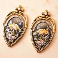 Vintage-Inspired Earrings with Floral & Bird (Pheasant) Enamel Accents Approximately 2.5 x 1.3 inch pierced post backs