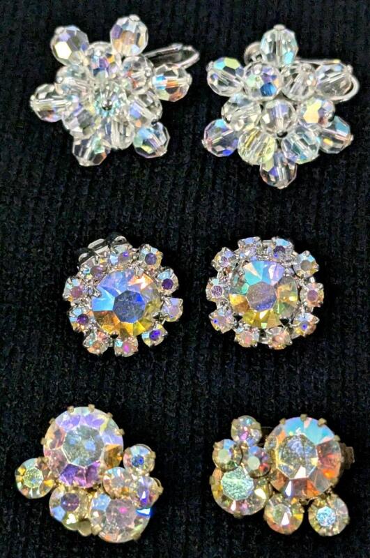Signed Vintage CORACRAFT & TRIAD Clip-On Earrings + Vintage AB Stone Earrings