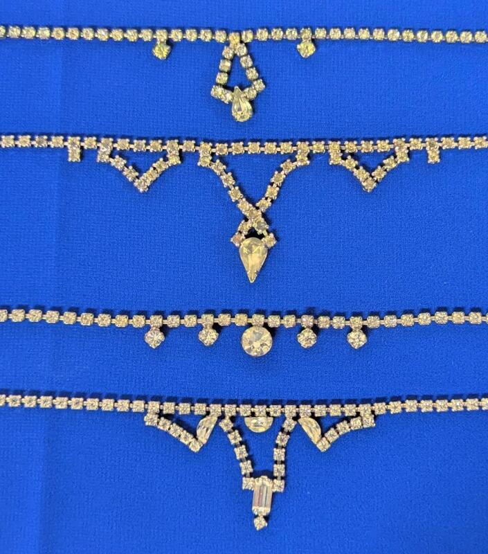 4 Vintage Rhinestone Line Necklaces, Includes Signed CONTINENTAL, 15" - 16" long