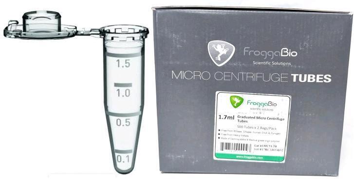 500 New FROGGABIO 1.7ml Graduated Micro Centrifuge Tubes, 500 Tubes &times; 2 Bags, Free From Heavy Metals, RNase, DNase, Human DNA & Pathogens, Cat# LMCT1.7B