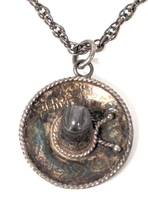 Adorable Vintage Sterling Silver Stamped 925 EVS Mexico Eagle 2 Sombrero Necklace, Chain 20" Long