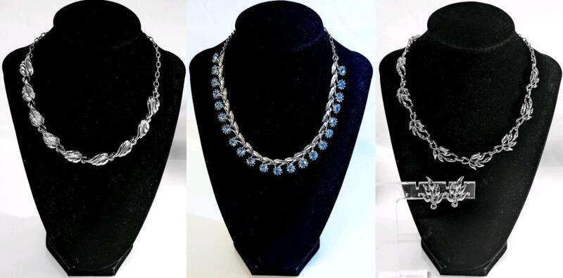 2 Vintage Leaf-Link & Flower Necklaces + Vintage Necklace with Matching Screw-Back Earrings (All Necklaces 16" Long)