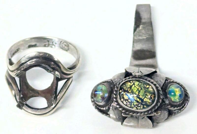 [Scrap / For Repair] 2 Mexican Sterling Silver Rings: JS Sterling Eagle 3 Size 8 & Taxco with Dragons-Eye-Type Stones, 10.4g Total Weight (Including Stones)