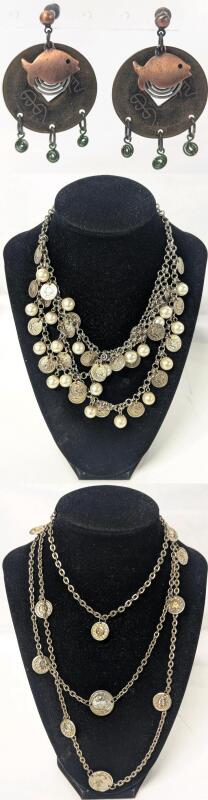 2 Vintage Coin-Themed Necklaces (52" + Signed DAFRI 16") & Pair of Funky Fish Chinese-Style Coin Earrings