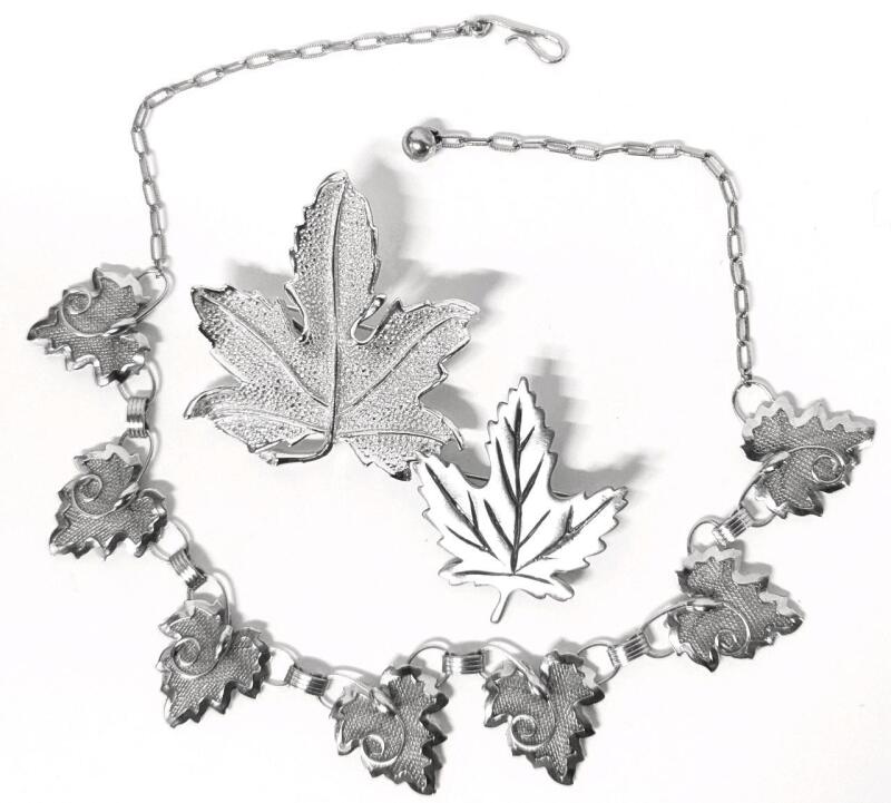 2 Vintage Maple Leaf Brooches (1.5" - 2") & 16" Long Vintage Mesh Maple Leaf Necklace