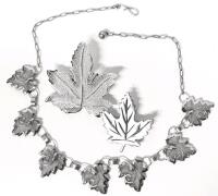 2 Vintage Maple Leaf Brooches (1.5" - 2") & 16" Long Vintage Mesh Maple Leaf Necklace