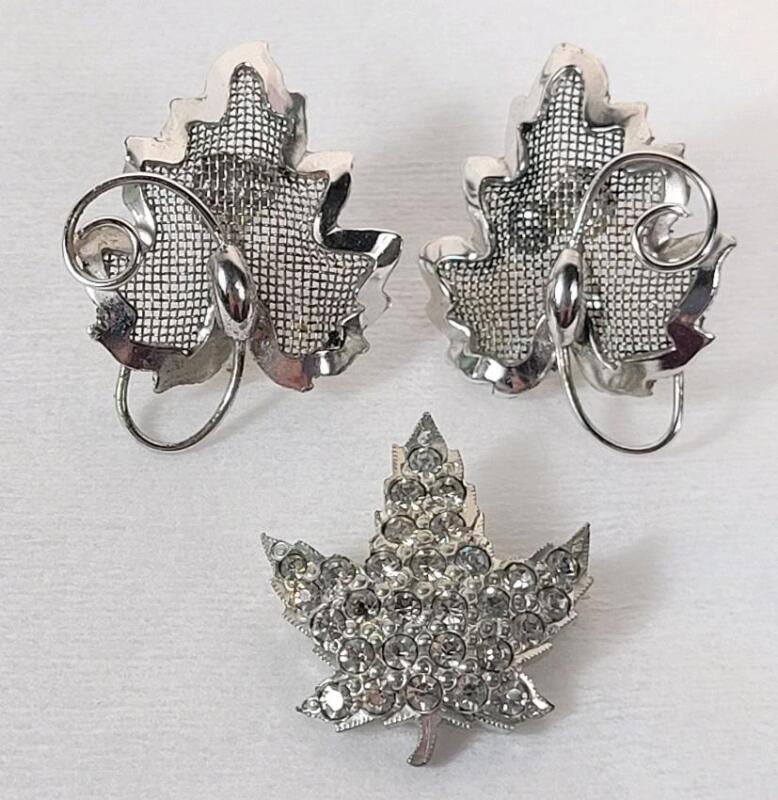 Vintage Bond Boyd Sterling Silver Maple Earring Set & Rhinestone Maple Leaf Brooch Signed ANTHONY . See photos for size