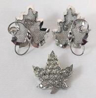 Vintage Bond Boyd Sterling Silver Maple Earring Set & Rhinestone Maple Leaf Brooch Signed ANTHONY . See photos for size
